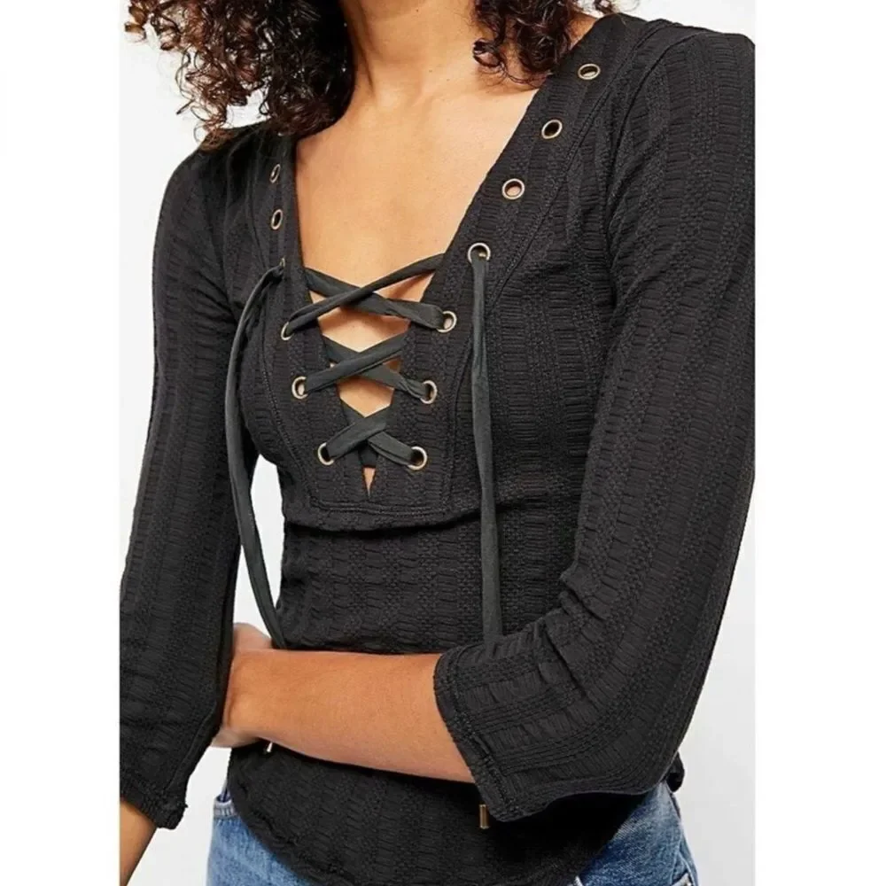 Free People Washed grey Ice Cold Lace-Up Scoop Neck Cotton blend‎ Top Sz S